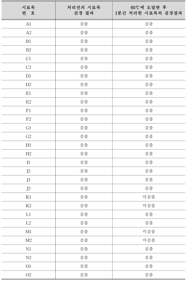 60℃에 도달한 후 1분간 처리한 시료목의 검경결과