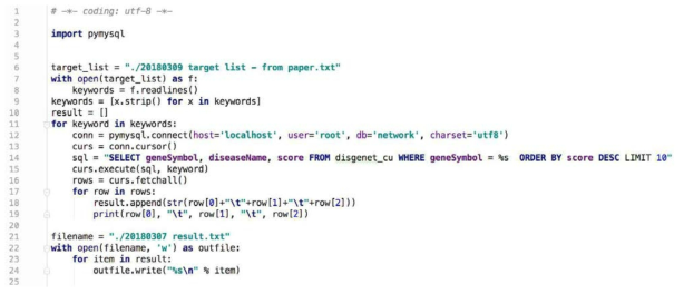 Python code for searching disease from DisGeNET Database