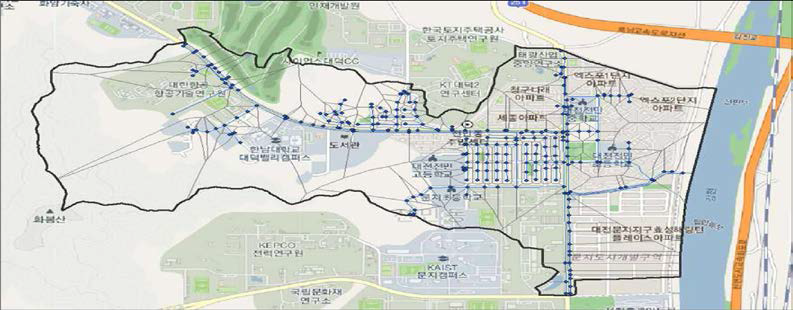 대전시 전민동 일대 맨홀，관거，소배수분구 구축 현황