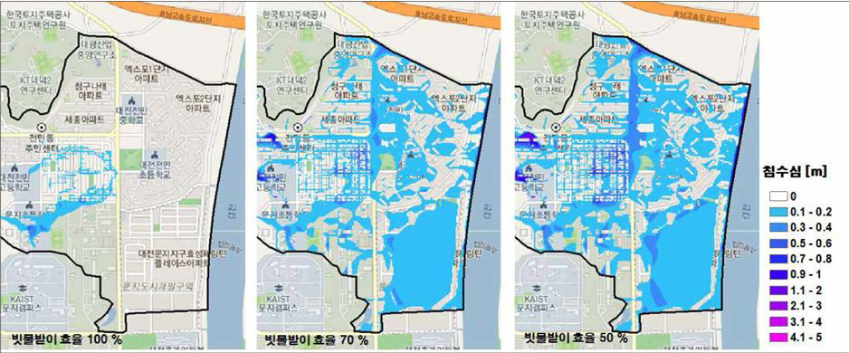 빗물받이 효율에 따른 침수모의 결과