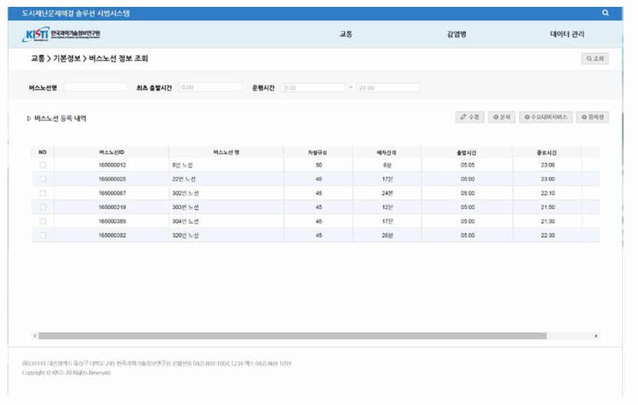 버스노선별 기본 정보 조회 화면