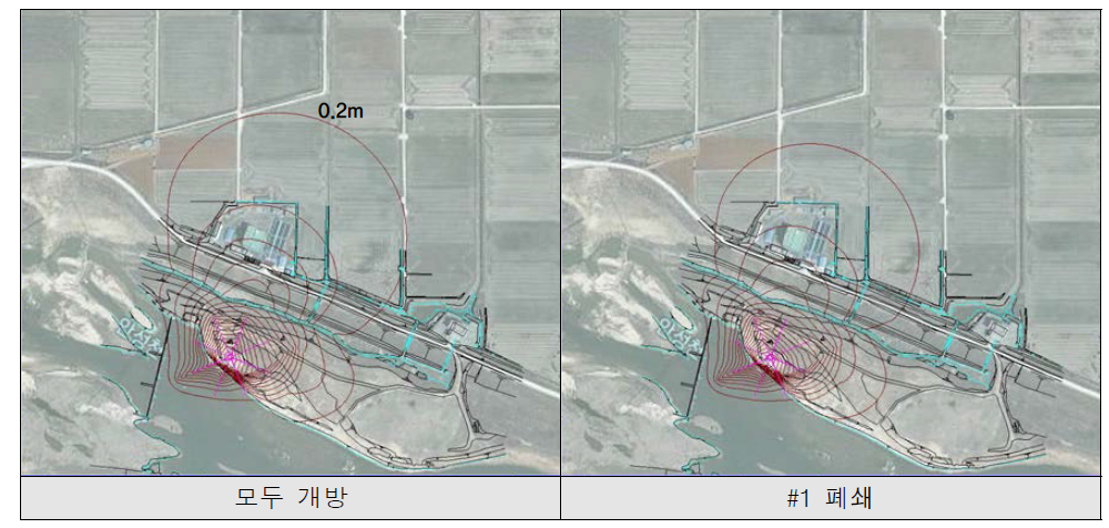 방사형집수정 취수량(5,000㎥/day) 제어조건별 수위강하 분포도