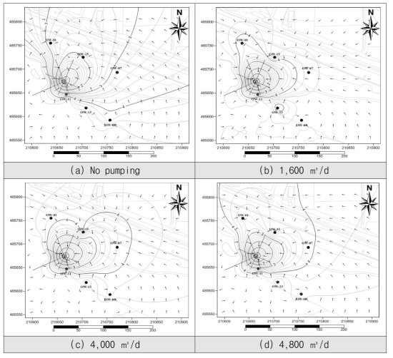 집수정 취수 조건에 따른 배후지 지하수위 분포