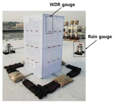 제작 완성되어 설치된 건물 모형, 벽면 우량계, 일반 우량계의 모습