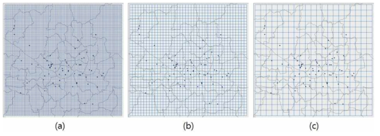 트윗(point), 주택가격지수(polygon) 및 격자망 데이터(grid) ((a): 500m, (b): 1000m, (c): 2000m)