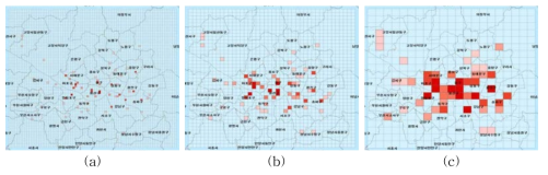 트윗 격자 데이터의 핫스팟 분석 결과 ((a) 500m grid, (b) 1,000m grid, (c)