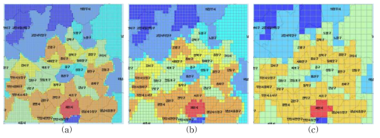 주택매매가격지수 격자 데이터의 핫스팟 분석 결과 ((a) 500m grid, (b) 1,000m grid, (c) 2,000m grid)