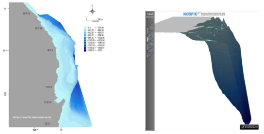 해양지형도(좌-2D, 우-3D) 동해안 샘플