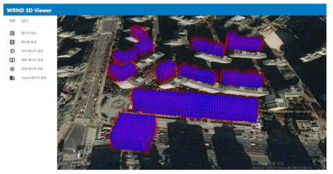 건물과 매칭된 20레벨 입체격자 가시화 화면 예시