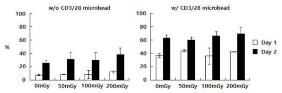 저선량 방사선 조사된 생쥐 naive CD8+ T cell의 activationdp 의한 DNA damage 정도 비교