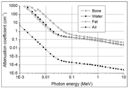 Linear attenuation coefficients as a function of energy for biological materials in human body