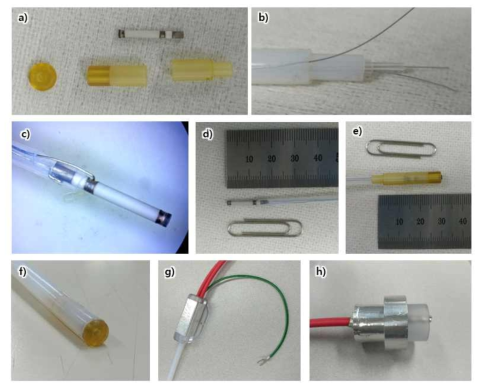 초소형 디지털 엑스선 튜브 어셈블리 모듈 제작. a) 초소형 디지털 엑스선 튜브와 Ultem 하우징, b) 4종 PTFE 튜브와 3전극 배선, c), d) 캐소드, 게이트 전극이 배선된 초소형 엑스선 튜브, e) Ultem 하우징이 적용된 엑스선 튜브, f) 최종 조립이 완료된 어셈블리 모듈 헤드, g) 고전압 조인트 h) 고전압 연결부