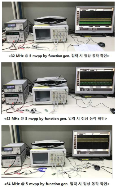 생체통신 AFE 모듈 주파수별 CDR동작 검증 (위에서부터 동작 주파수 각 32, 42, 64 MHz)