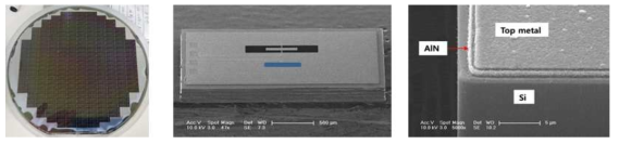 제작한 SOI 기판 기반 TPoS 액상동작 나노공진기 소자 웨이퍼 및 SEM 단면 사진