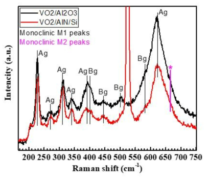 VO2/AlN과 VO2/Al2O3 박막의 RAMAN(532 nm laser source) 비교