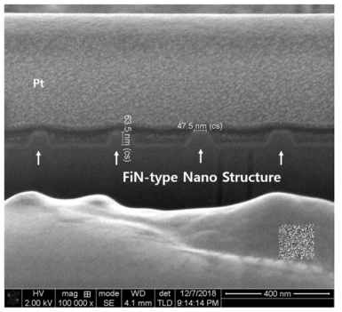 제작된 50nm 급 FiN-type GaN 나노구조물에 대한 Focused Ion-Beam SEM 이미지