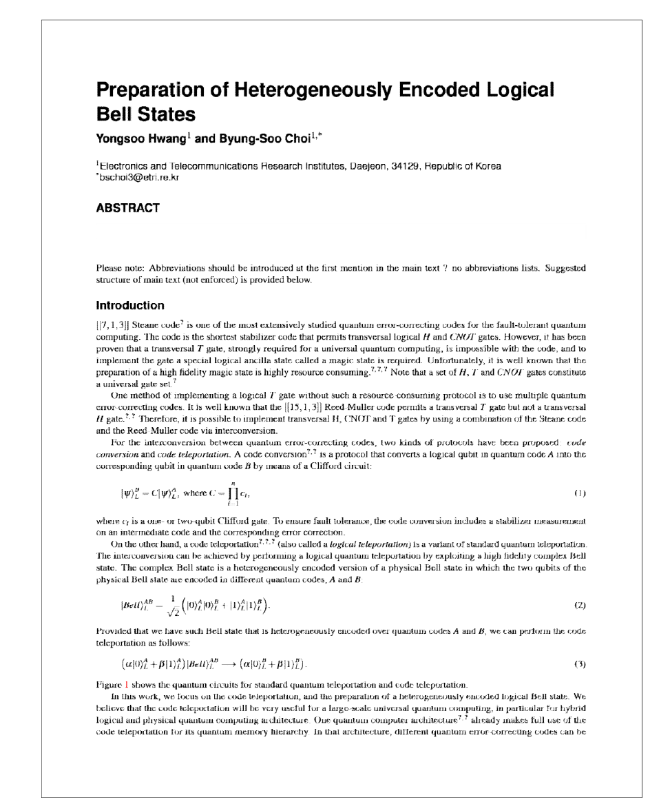 이종양자부호간 논리적 벨 양자상태 생성 기술 관련 투고준비중인 논문