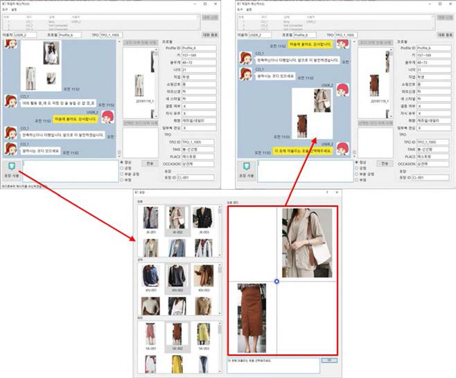 사용자용 메신저 화면 및 옷장 사용의 일례