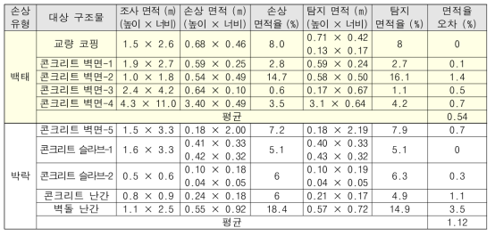 학습된 Mask RCNN의 실제 구조물 백태 및 박락 평가 결과