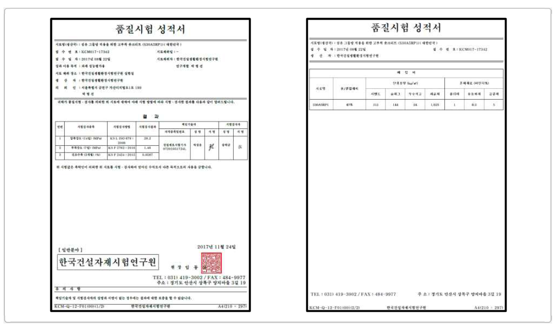 섬유 그물망 지보재용 숏크리트 압축 강도, 부착 강도, 건조 수축 공인시험성적서