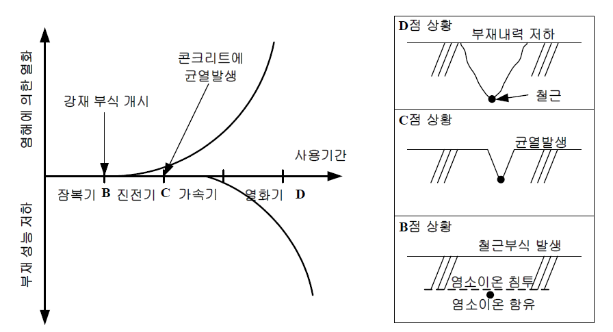 철근 콘크리트 구조물의 염해와 철근 부식에 의한 내용년수 개념