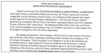 Amgen의 extramural research alliances에서 받은 물질이전계약 (material transfer agreement, MTA)