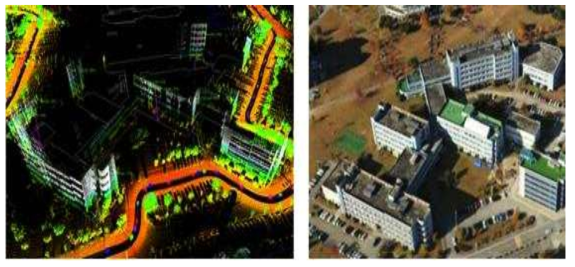연구진이 보유한 매핑 차량과 보유 기술로 제작된 3차원 정밀 지도(좌)와 항공 사진(우)