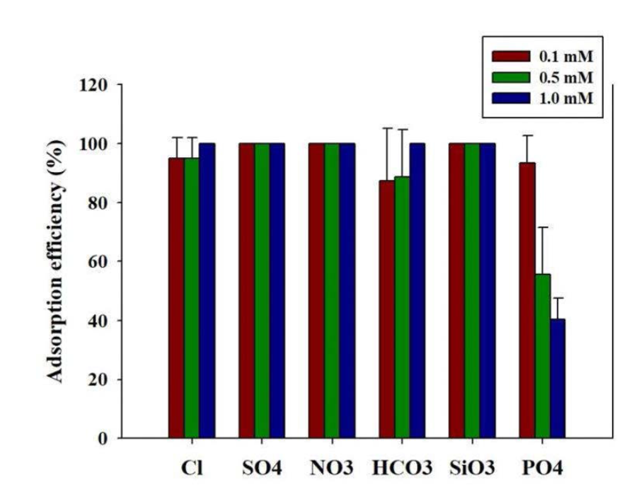 ASB의 음이온에 대한 경쟁흡착량 테스트 실험 : 5가 비소(As(V) Na2HAs04-7H20) 0.1 mg/L와 경쟁이온 0.1，0.5, 1.0mM의 흡착제 0.3g (고액비 15g/L)