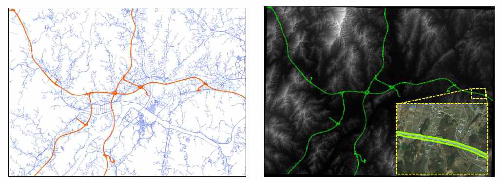 (a) 수치지도 고속도로 네트워크 및 (b) 고속도로 경사지역 격자자료
