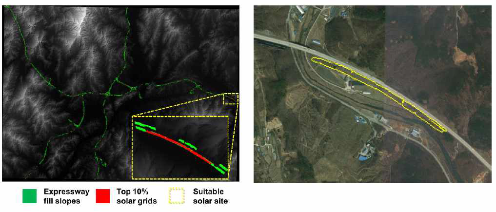 공주시 지역 고속도로 성토부 태양광패널 최종 후보지 선정 결과: (a)DEM 중첩 영상 및 (b) 항공사진 중첩 영상