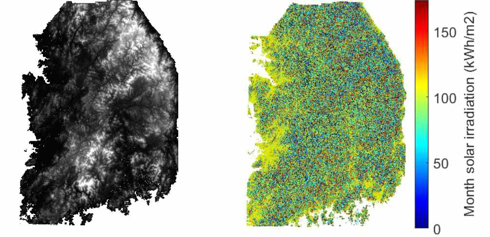 (a) 입력층 데이터로 사용된 수치표고모형 및 (b) 예측을 위한 출력층 데이터(class)를 구성하는데 사용된 태양복사에너지