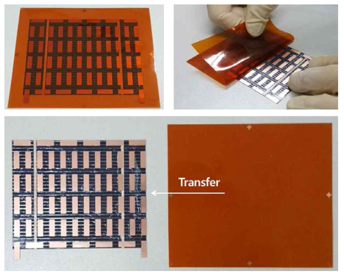 Adhesive Cu electrode를 태양광 후면/양면테이프로 transfer하는 과정