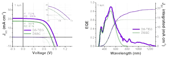 제작한 DS-TEG와 DSSC의 J-V 측정 결과(좌)와 photon의 파장에 따른 외부 양자 효율(EQE) 측정 결과(우)
