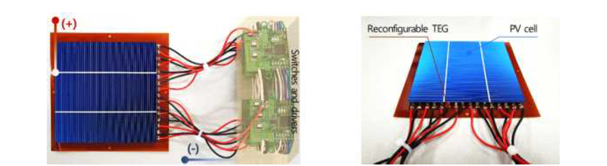 제작한 Reconfigurable 열전 발전 소자(좌)와 이를 이용하여 제작한 Reconfigurable 태양전지·열전 융합 발전 소자(우)