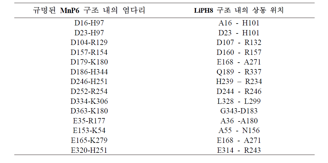 규명된 MnP6 구조 내의 염다리와 LiPH8 구조 내의 상동 위치