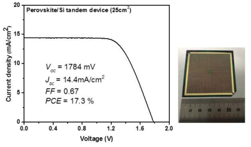25cm2면적의 페로브스카이트/실리콘 탠덤소자 전류전압그래프 (좌), 탠덤소자사진 (우)