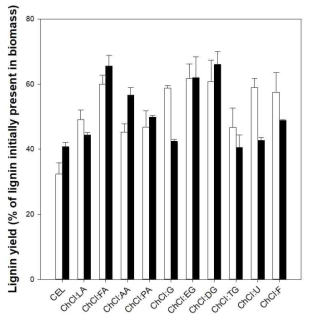 공융용매의 종류에 따른 리그닌의 추출 수율 (흰색 막대 : 백합나무, 검정색 막대 : 왕겨)