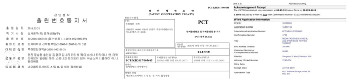 국제공동연구 국내 및 해외 특허 출원 서류 (좌측부터 국내, 국제 PCT, 미국 출원 )