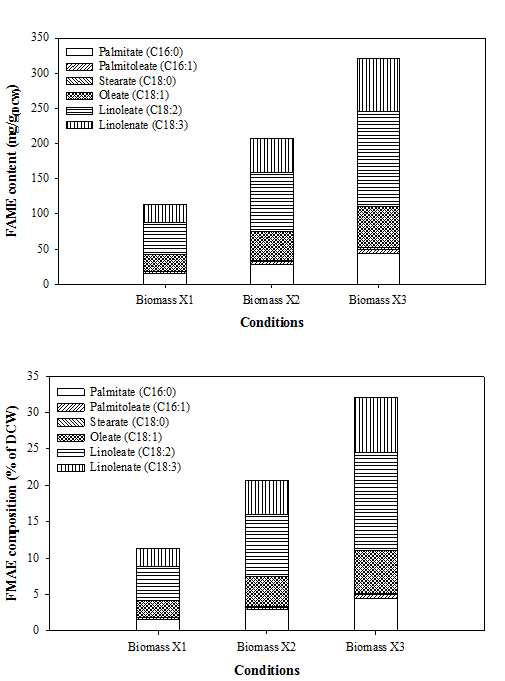 바이오매스 증가(상)와 바이오매스 당 FAME 변화에 따른 FAME 함량 비교