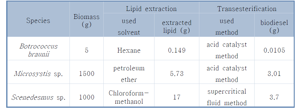 다양한 종에서 two-step transesterification을 이용한 바이오디젤 생산량 비교