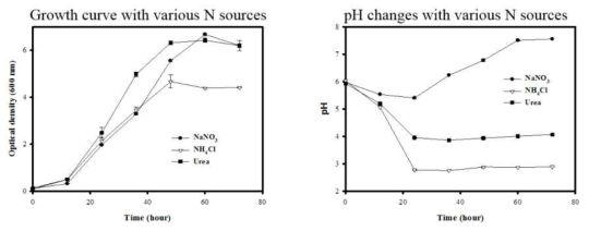 Time course of cell accumulation (O.D. 600 nm), and pH changes under various nitrogen sources. 3번 반복하여 standard error를 에러바로 만들었음