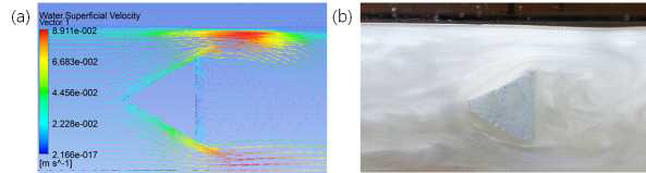 (a) Fluid velocity profile with CFX, (b) Flow visualization with rheoscopic fluid in the raceway pond with type 3