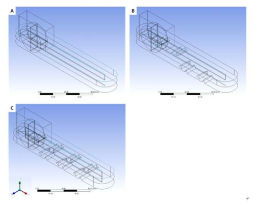 Geometry of the lab-scale full raceway pond (A) without internal structures, (B) with 4 sets of type 4, and (C) with 7 sets of type 4