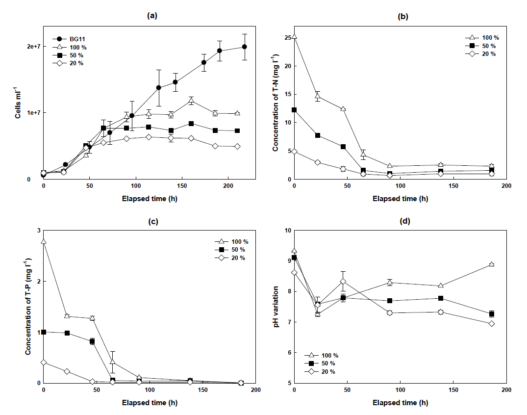 Influence of wastewater dilutions on the growth of C. vulgaris. (a) Growth curve in differentially diluted Korean municipal wastewater or artificial medium BG11. (b) Nitrogen consumption curve. (c) Phosphate consumption curve in differentially diluted wastewater. (d) pH change along with the C. vulgaris growth