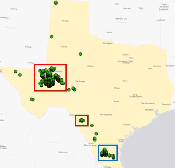 Texas에서의 2000ha 후보 지역들과 밀집 구간들 (붉은색, 갈색, 푸른색 사각형)