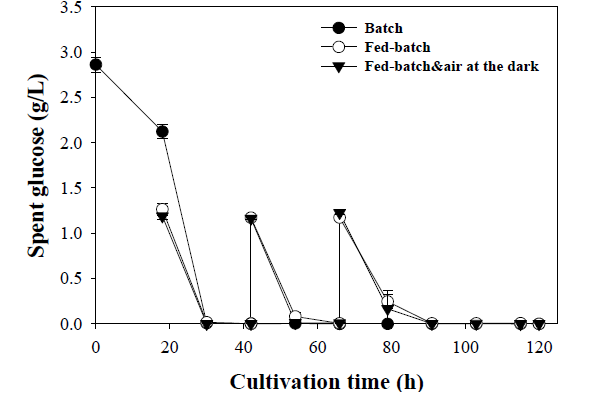 인공 CO2를 이용한 batch 및 fed-batch의 영양 조건에 따른 배양액 내 포도당 농도 변화