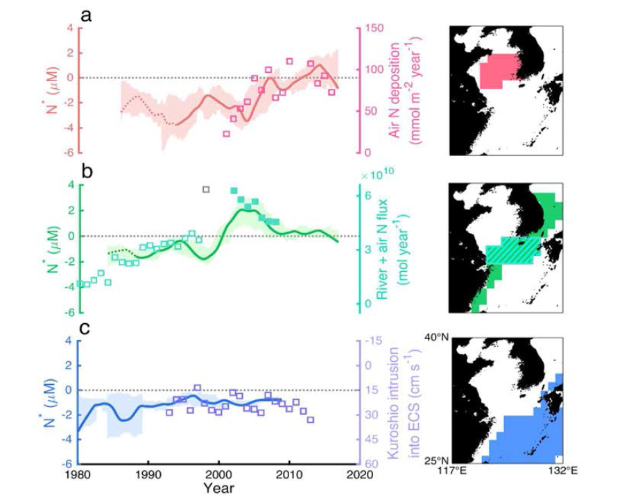 표층(≤ 20 m) N*(μM)와 해수 영양염에 영향을 미치는 각 지역별 주요 요소((a) 대기질소침적, (b) 대기 침적과 장강을 통한 질소 유입, (c) 쿠로시오 해류 유입)의 시계열