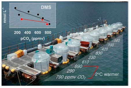 미래 환경(산성화, 온난화) 모사 해양생태 현장실험 시스템. 각 실험구는 약 2000L의 자연해수를 포함하고 있으며, 각 각 다른 이산화탄소 및 온도 조건으로 조절하였음