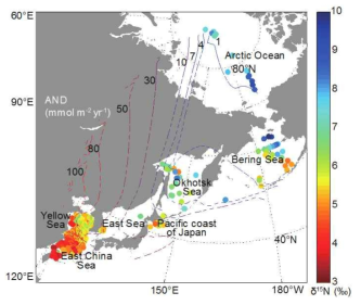 동중국해, 서해, 동해, 일본해, 오호츠크해, 베링해 및 북극해에서의 해양 퇴적물 내 질소 안정동위원소 비(‰)와 대기 질소 침적 양(Atmospheric Nitrogen Deposition, AND)
