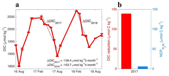 (a) 2016년 7월—2018년 10월에 측정된 표층 용존 무기 탄소 농도의 계절적 변화. (b) 2017년 온난기의 표층 용존 무기 탄소 감소량과 표층 질소고정 기원 해양 탄소 제거량 비교